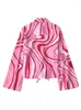 Women's Blouses Merodi Women Turn Down Collar Under Bow Summer Pink Long Shirts Ladies gebogen gestreepte afdruk met enkele borstcasual blouse
