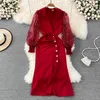 2023 Casual Dresses Korean Trendy All-match Dress V Neck Shiny Long Sleeve Patchwork Robe Pleated Single-breasted Design Sense Vestidos