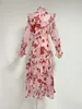 Leisure Dress Spring/Summer Women's Pleated Lace Standing Collar Micro Horn Long Sleeve Waist Wrapped Ruffle Print Dress