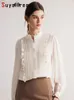 Damesblouses SuyaDream Vrouw Shirts Moerbei Zijde Opstaande Kraag Ruches Wit Chic 2023 Lente Zomer Kantoor Dame Top