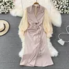 2023 Casual Dresses Korean Trendy All-match Dress V Neck Shiny Long Sleeve Patchwork Robe Pleated Single-breasted Design Sense Vestidos