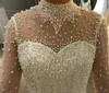 2024 Luxury A-Line Wedding Dress High Neck Full Pearls Beading Long Illusion Hyls Women Brudklänningar Vestido de Novia Custom Made Arabic Dubai