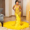 Sista ljusgul aso ebi sjöjungfru prom klänningar fjäder sjöjungfru lång tyll pärlast afrikansk glitter sexig aftonklänning klänningar parti backless party formella klänningar