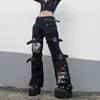 Kadın kot pantolon punk yüksek bel harajuku metal hip hop baskı kargo pantolon geniş bacak bol gevşek denim pantolon