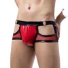 Sous-vêtements sexy hommes maille creux boxeurs sous-vêtements masculins faux cuir ouvert bubottoms performance dos nu boxer shorts