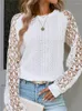 Women's Blouses Women Autumn Casual Pullover Tops Solid Hollow Out See-through O-neck Loose Lace Patchwork Long Sleeve White & Shirts