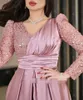 Dusty Pink A-Line Evening Formal Dress Sequined Long Sleeves Arabic Silk Satin Birthday Party Gown Prom Dresses 2024 Arabic Robe De Soiree Vestidos De Fieast