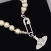 Premium Pin Pearl Pendant Necklace Designer 925 Silver Full Diamond Planet Choker Collarbone Chain For Women0122