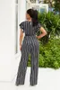 Jumpsuits voor dames ahvit verticale gestreepte vrouwen jumpsuit ruches korte mouw o nek sjerpen modekantoor dames breed poot romper