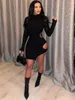 Casual Dresses Zoctuo Solid Ribbed Women Long Sleeve High Neck Hollow Out Mini Dress Side Slit Bodycon Sexig Streetwear Party Club 2023