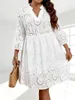 Plus Size Dresses Finjani White Embriodery Dress Women Cotton Lantern Sleeve Summer Autumn Beach 2023 Hollow Out