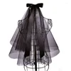 Voiles de mariée mariée mariage accessoires de mariage robe courte en tulle blanc ruban noir noeud avec peigne à cheveux voile