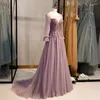 Бальные платья Фиолетовое вечернее платье с кружевным круглым вырезом и рукавами три четверти Простое трапециевидное платье длиной до пола Элегантное блестящее торжественное женское платье B132