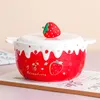 Miski 700 ml Kawaii Strawberry Ramen Bowl z Ceramika pokrywki Śliczne duże owoce makaron instant sałatkowy zupa domowa kuchnia stół stołowa