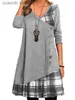 Basic Casual Dresses Autumn 2022 New V-neck Panel Decorative Button Long Sleeve Plaid Print Dress T231109