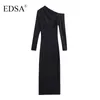 Casual Dresses EDSA Women Fashion Black Long Asymmetric Polyamide Mid Dress Sleeves Gathered Shoulder For Party Streetwear