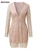 Pailletten voor dames nieuwe mode elegante slanke potlood mini-jurk vintage lange mouw v-hals chique avondjurken