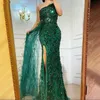 Sexy long Prom Dresses Sparkly Crystal Beaded High split sequined Evening Gowns Women Arabic crystal feather Special Occasion Dress Formal Wear