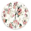 Horloges murales Fleur Rose Vert Feuille Rose Horloge Style Rond Mode Design Moderne Maison Salon Chambre Décoration