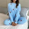 Women's Sleepwear 2023 Women Pyjamas Sets Autumn Winter Warm Flannel Strawberry Coral Long Sleeve Girls Casual Fleece Pajamas Homewear