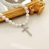 Chains Leiouser Imitation Pearls Chain Vintage Artificial Diamond Cross Pendant Necklace For Women Jewelry Gifts