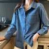 Kadın bluzları mavi denim gömlek kadınlar 2023 Sonbahar tek göğüslü kot pantolonlar gevşek moda, yaka kovboy blusas'ı aşağı çevirin