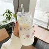 Mugs Kawaii Flower Glass Cup With Lid Straw Cute Orange Coffee Mug Milk Drinks Korean Water Juice Tea Cup Drinkware Gift 600ml 231109