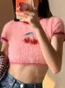 T-shirt femme motif cerise femmes t-shirt été rose peluche hauts à manches courtes col rond slim crop top doux et épicé streetwear kawaii y2k tees 231109