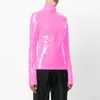 女性のパーカーS-7xlファッション女性光沢のあるPVCトップタートルネック長袖シャツバックジッパーフェイクレザースリムラテックスジャケット服