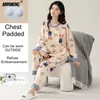 Dames nachtkleding Borst gewatteerd M-5XL Lente Herfst Lange mouwen Dames pyjama Katoen Koreaanse pijamas Meisjes homewear Grote maten nachtkleding