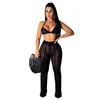 Pantalon deux pièces pour femmes Sexy tenues décontractées femmes haut dos nu jambe large rayé Perspective évider 2pc ensemble tricoté ensembles assortis Tracksu