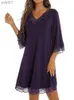 Damska odzież snu Solid V Neck-Sle Nightdress Women Nightgowns Seksowne koronkowe patchwork bawełniana twel snu Fe Nocna odzież śpiąca 231109