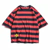 Mens Fashion T-Shirts Cotton Striped Loose Tees Summer Japanese Casual Streetwear Fitness Tees Oversized Male Tops