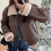 Women's Fur Faux Fur Flight Suit Jacket Women Fur Pu American Vintage Outwear Long Sleeve Turn Down Collar Zipper Female Harajuku Short Coats 231109