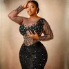 Plus Size Ultimi abiti da ballo Aso Ebi Maniche lunghe in tulle di pizzo Sirena Perline nere Africano Nigeria Abito da sera glitterato Abiti di secondo ricevimento Scintillanti