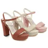 Sandals Women Summer Heels Fashion Platform Square Heel Shoes Woman Open Toe Buckle Party Pink Beige Red