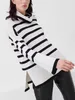 Suéter feminino listrado preto e branco, pulôver de gola alta listrado, outono e inverno 2023