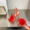 Уникальные сандалии Дизайнерские туфли на высоком каблуке Украшение перьями 10,5 см Gianvit Ross Женщины ПВХ Сексуальная персонализированная обувь для вечеринок Банкет с открытым носком Ремешок на щиколотке Пряжка
