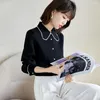 Damesblouses Damesmode Elegant Lange mouw Knop Zwart shirt Tops Lente Herfst Kantoor Dame Bussiness Casual Slim Werkblouse B1869