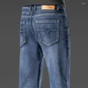 Jeans masculinos denim homens em linha reta magro encaixe negócios casual preto azul cinza estiramento marca primavera outono calças de alta qualidade