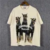 T-shirt à manches courtes à imprimé chien répété Wash Old American High Street Retro T-shirt ample à col rond pour hommes et femmes