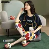 Women's Sleepwear Knitted Cotton Pijama Cartoon Pajamas Sets Women Pyjamas Summer Sleepwear jer Nightwear Plus Size Calf-Length Pants HomewearL231109