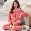Women's Sleepwear Coral Velvet Pajamas For Women In Autumn And Winter Light Thin Three Layer Cotton Sandwich Home Clothing Set