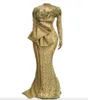 Nuovi eleganti abiti da sera africani 2023 maniche lunghe con paillettes sirena abito formale Aso Ebi abiti da ballo in rilievo oro Robe De Soiree