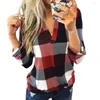 Yoga Outfits Autumn Shirt Women Plaid T Plus Size V-neck Casual Blouse Female Loose Long Sleeve T-shirt Sport Tops 2023