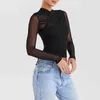 Kvinnors t-shirt Kvinnor Wrap Crop Mesh Tops 2023 Autumn Winter Long Sleeve Sexig T-shirt Back dragkedja Solid Color Slim Fit Club Party Kvinnliga kläder 33 st