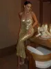 Robes décontractées Femmes Sexy Spaghetti Sangle Gold Midi Robe Mode Wrap Poitrine Slim Dos Nu 2023 Summer Party Club Moulante Robes