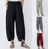 2019 модные женские брюки для йоги, повседневные однотонные эластичные свободные льняные брюки с карманами и высокой талией, дышащие мешковатые брюки2035019