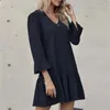 Urban Sexy Dresses Women Solid Color Dress Lady Loose Sundress Sundress Casual V Neck Long Sleeve A-Line Cotton Linen Dresses9aro