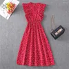 Casual Dresses Red Wave Point Chiffon European And American Loose Versatile Showing Temperament Covering The Belly Long Fairy Full Dress